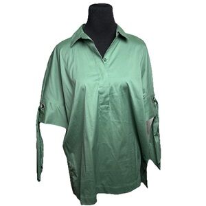 Chico’s 2 Green Blouse Top NWT Collared Short Sleeve Tie Preppy Poplin StPat NWT